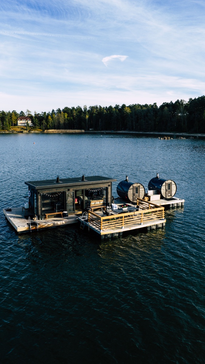 Aerial view of the Helsinki By Sea floating sauna raft on the water
